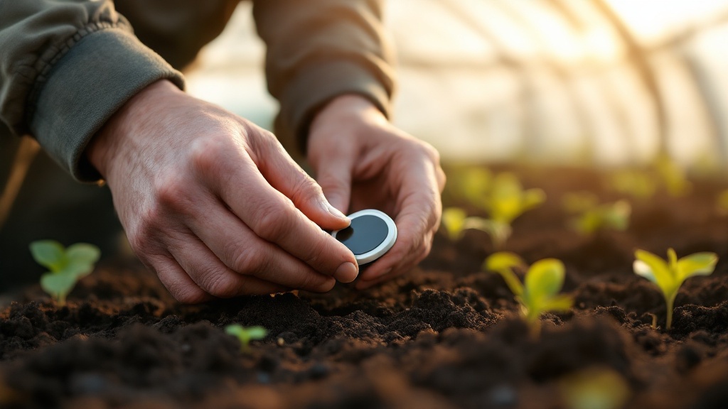 Weathered farmer's hands installing a compact IoT soil sensor in greenhouse earth