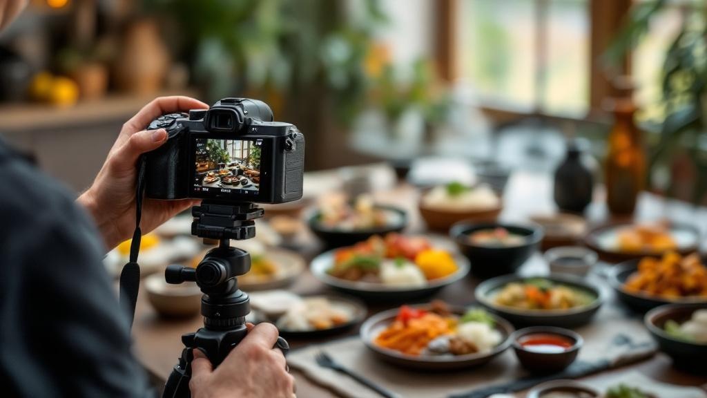 A photographer's hands adjusting a camera aimed at styled Japanese dishes on a table with soft natural light
