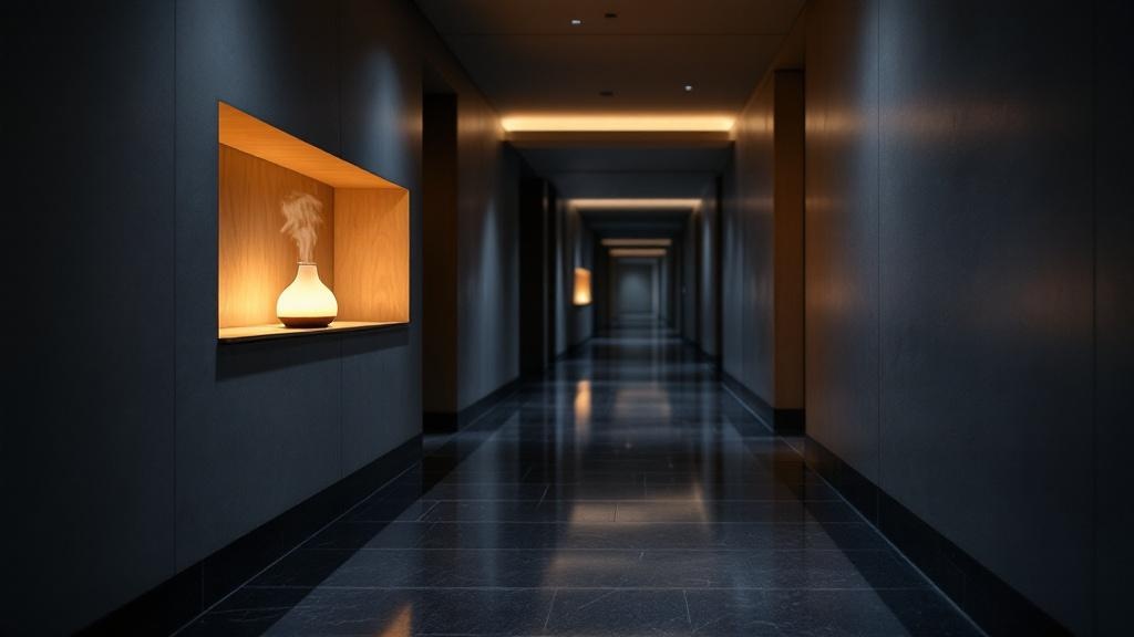 A softly glowing scent diffuser on a recessed shelf in a dimly lit Japanese hotel corridor