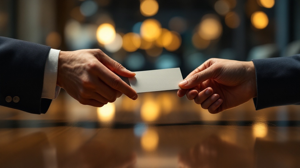 Close-up of hands exchanging a Japanese business card over a polished conference table in a Tokyo office