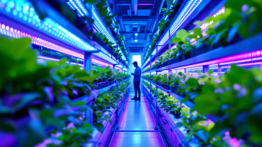 Interior of a Japanese vertical farm with LED grow lights illuminating rows of leafy greens