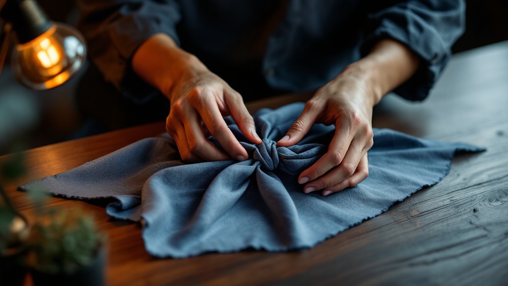 Hands carefully wrapping a business gift in traditional indigo furoshiki cloth on a dark wood surface