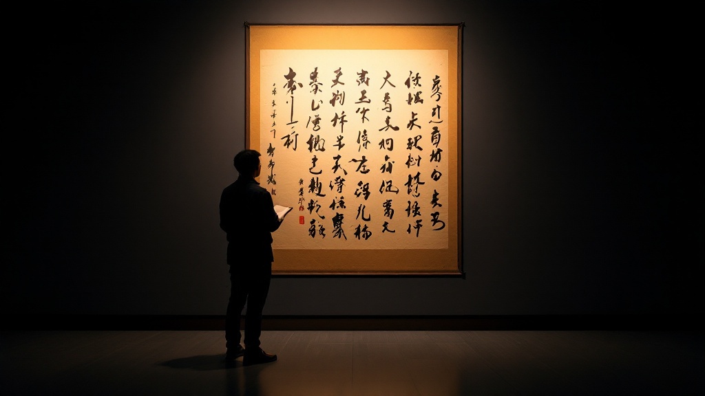 Silhouette studying Japanese calligraphy scroll in dimly lit Tokyo gallery