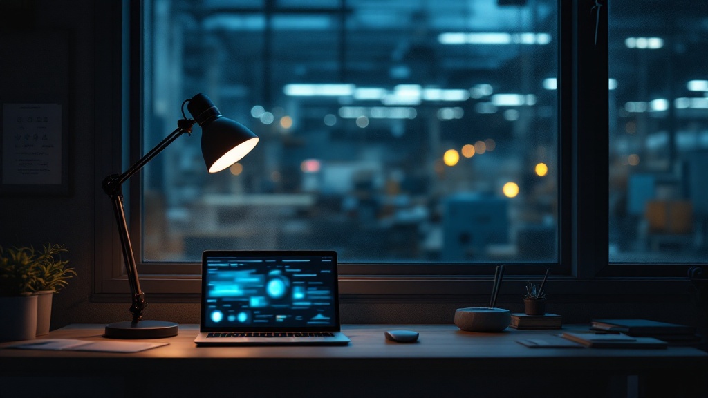 Laptop with abstract dashboard on screen in a quiet Japanese manufacturing office at evening with factory floor visible through window