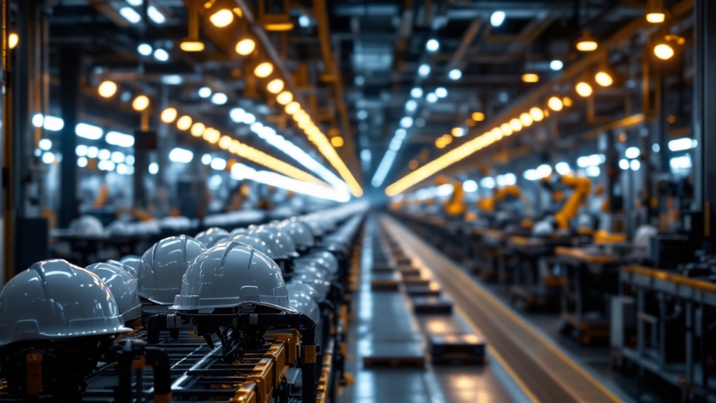Empty Japanese factory floor with halted assembly line and robotic arms frozen in standby mode