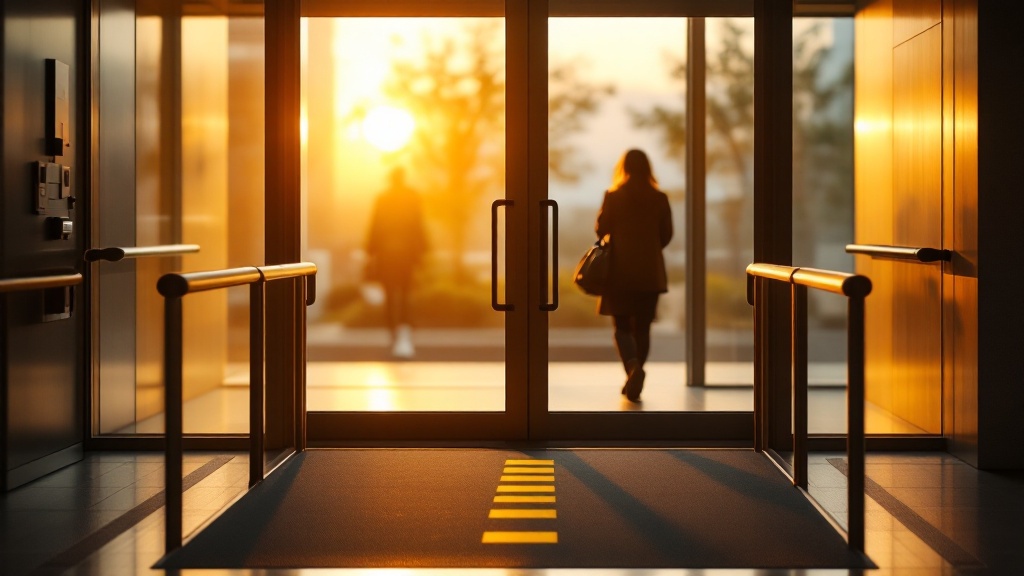 Modern accessible clinic entrance in Tokyo with ramp, tactile guides, and automatic doors