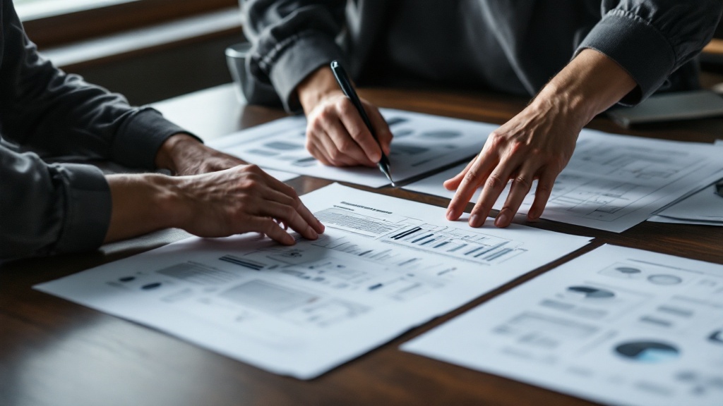 Hands arranging research documents and technical diagrams on a wooden conference table