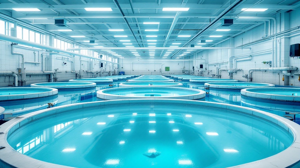 Interior of a modern Japanese land-based recirculating aquaculture facility with circular tanks and filtration systems