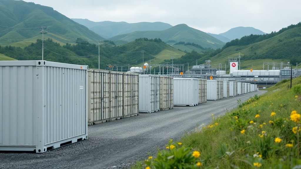 Large-scale battery energy storage units at a Japanese substation with green hills beyond