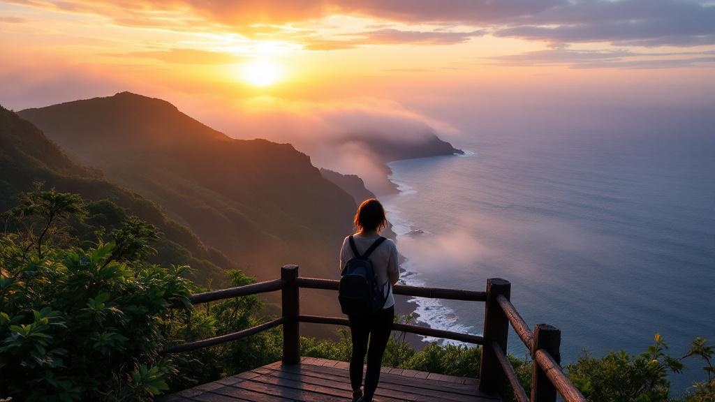Silhouette overlooking a volcanic Japanese coastline from a wooden observation deck at sunrise