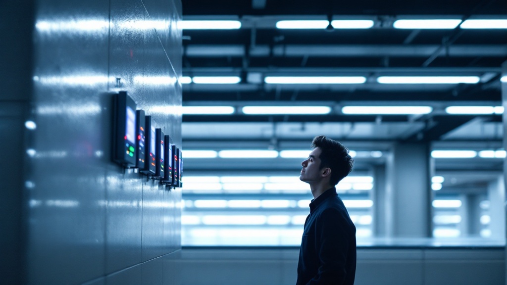 Silhouette of engineer inspecting IoT sensors mounted in a modern Japanese transit station