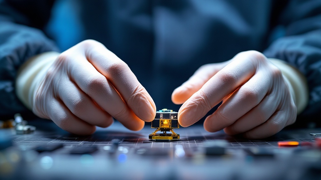 Gloved hands assembling a small satellite component on a precision workbench