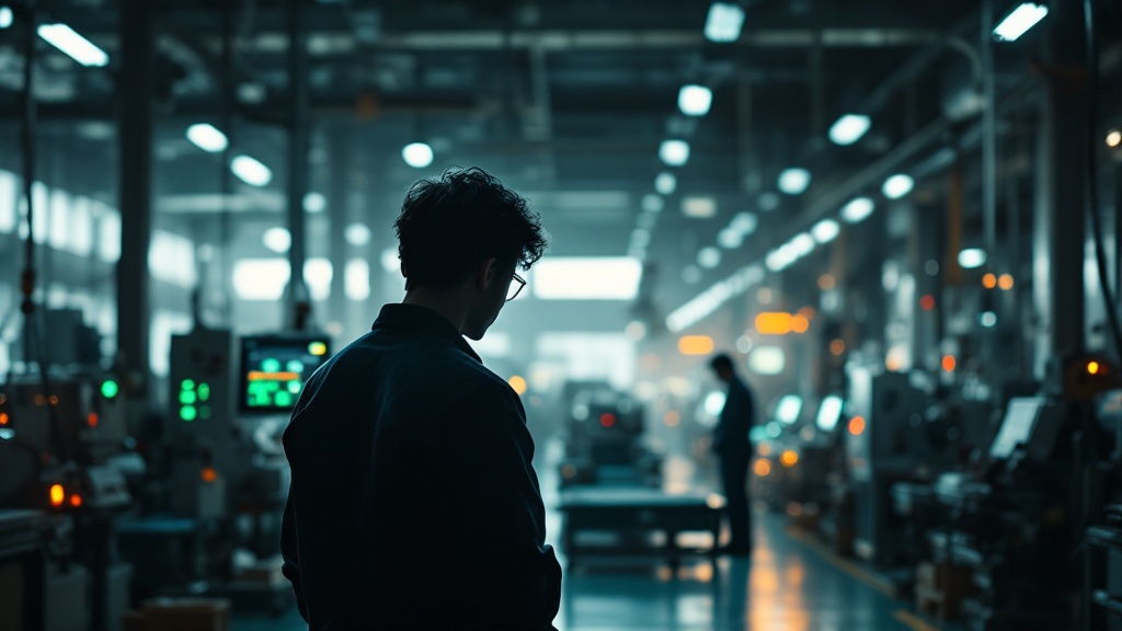 Silhouette view of a Japanese factory floor with energy-efficient machinery and warm accent lighting