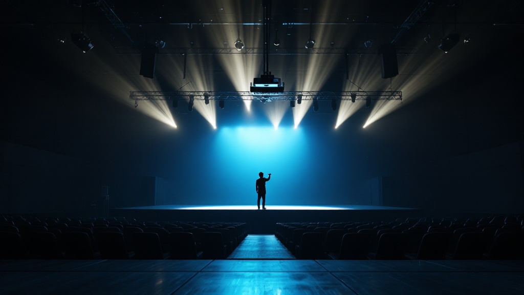 Silhouette of a technician adjusting a projector on a truss rig during rehearsal in an empty convention hall