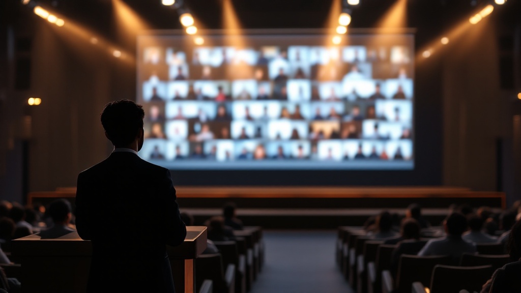 Silhouette of a presenter at a hybrid showcase event with blurred virtual attendee grid on screen behind them