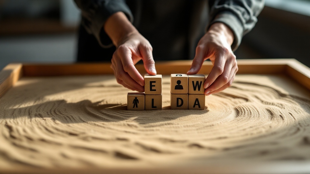 Hands arranging wooden blocks on a zen sand tray in a modern training facility, representing consensus-building exercises