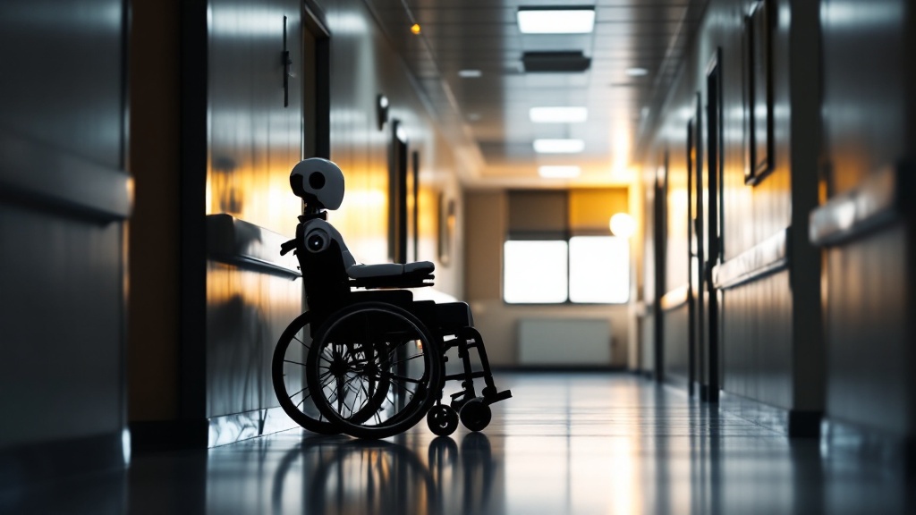 Silhouette of a humanoid care robot next to a wheelchair in a Japanese nursing facility hallway
