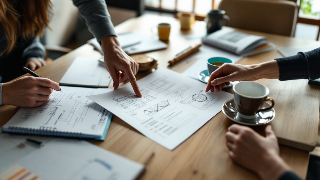 Hands collaborating over technical documents on a Japanese-style conference table with tea