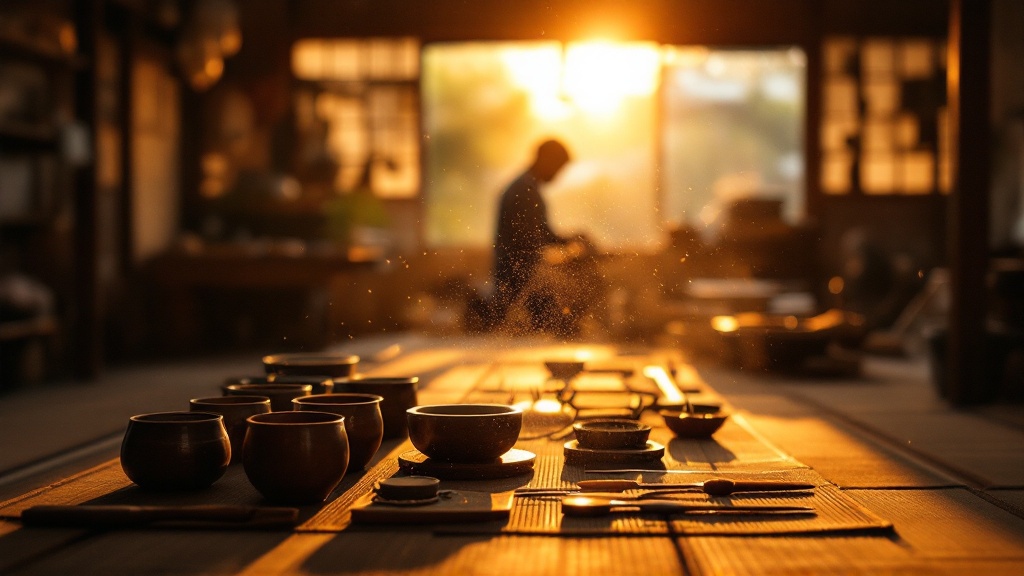 A traditional Japanese workshop with lacquerware tools on a low workbench bathed in golden hour light