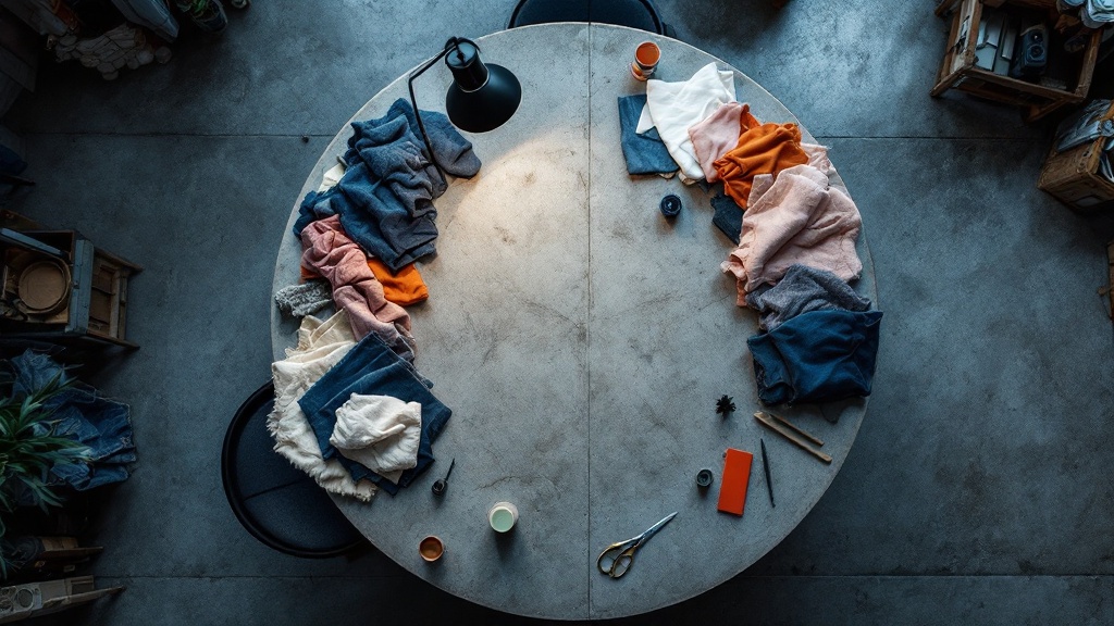 Overhead view of reclaimed fabric scraps and sewing tools arranged on a concrete workshop table