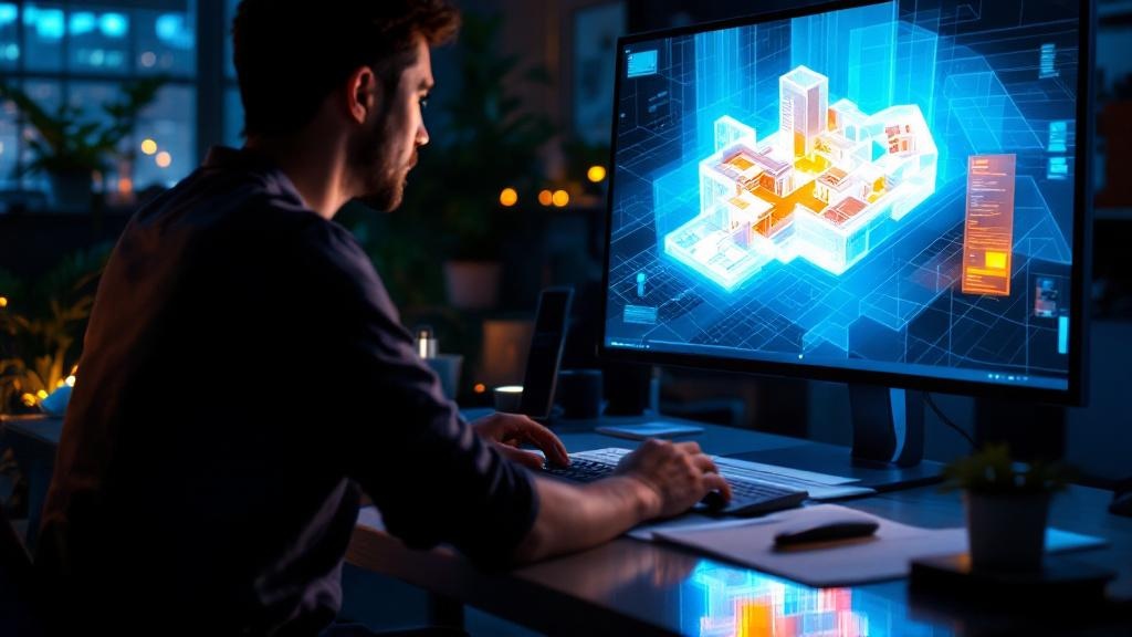 Over-shoulder view of a designer reviewing a 3D retail floor plan on a monitor in a dimly lit studio