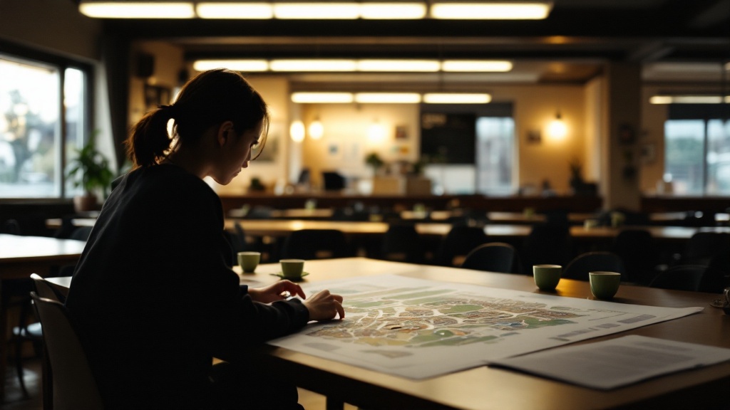 Over-shoulder silhouette of a person reviewing a neighborhood planning map at a Japanese community center table