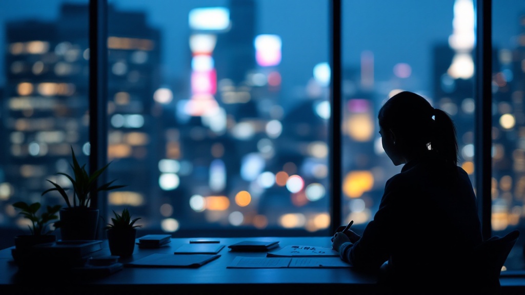Silhouette of a professional reviewing bilingual meeting notes at a Tokyo office desk with city lights in the background