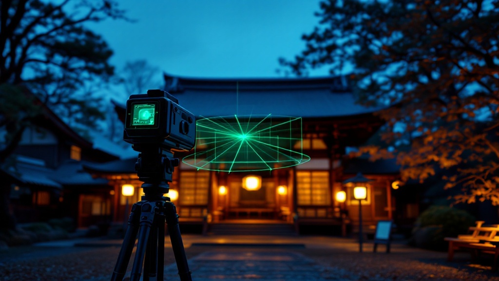 3D laser scanning equipment surveying a traditional Japanese shrine structure at twilight