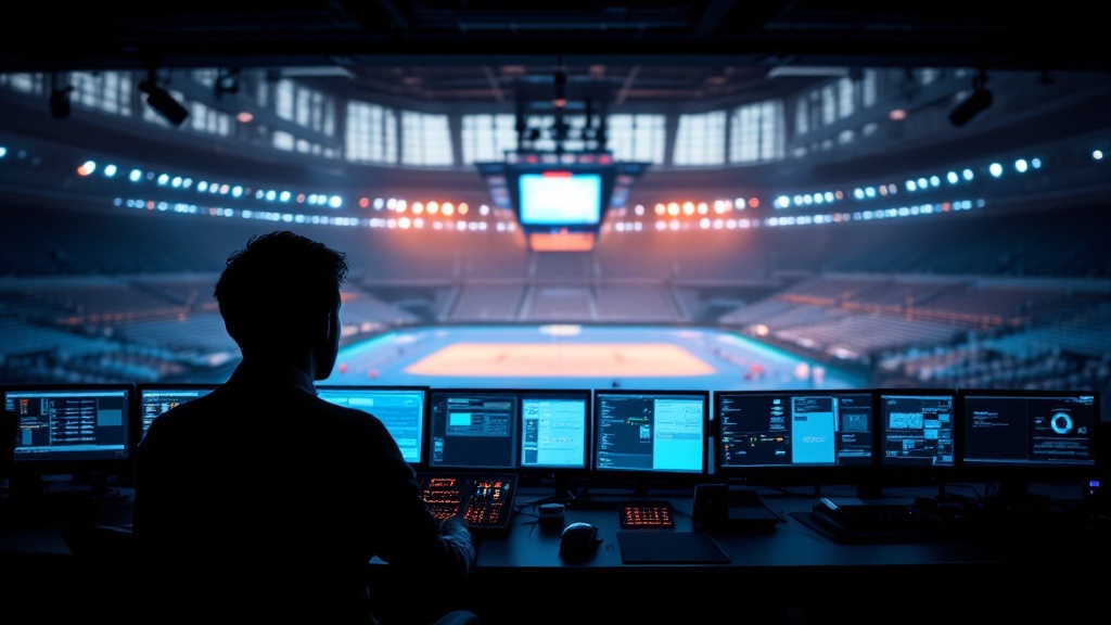 Silhouette view from an operations control room overlooking an empty indoor sports arena in Japan