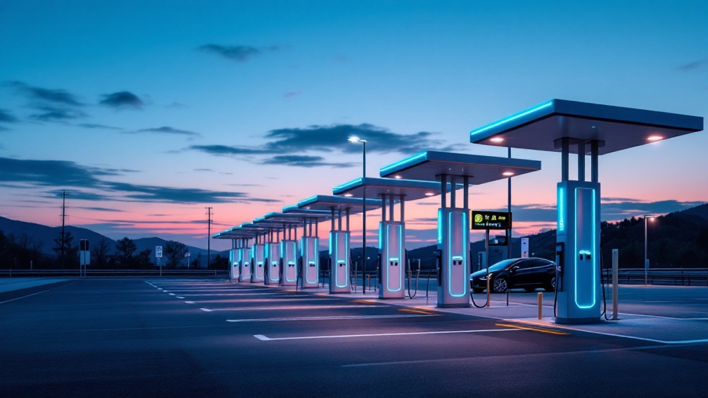 Electric vehicle charging stations with blue LED lights at a Japanese highway rest area during twilight