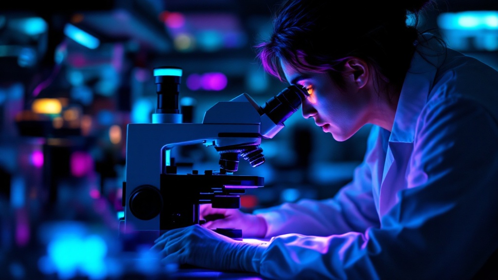 Scientist viewed from behind examining fluorescent cell cultures under a microscope in a Japanese laboratory