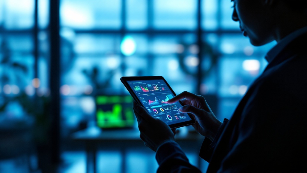 Silhouette reviewing abstract farm data visualizations on a tablet in a modern cooperative office