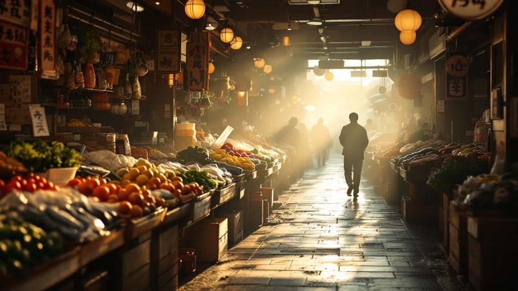 A sunlit Japanese market arcade with rows of fresh seasonal produce and seafood in wooden crates