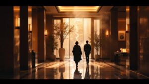 Warm ambient-lit luxury hotel lobby in Kyoto with delicate incense smoke and polished marble surfaces