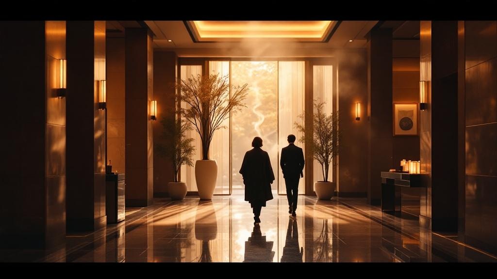Warm ambient-lit luxury hotel lobby in Kyoto with delicate incense smoke and polished marble surfaces