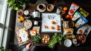 Overhead view of a Japanese food product development table with artisan jars, organic produce, and bilingual packaging mockups