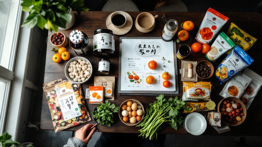 Overhead view of a Japanese food product development table with artisan jars, organic produce, and bilingual packaging mockups