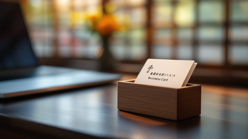 Traditional Japanese business card holder beside a modern laptop on a lacquered desk with shoji screen light