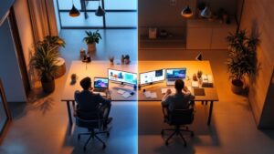 Split-view of an internal team workspace and an external consultant desk in a modern Japanese office