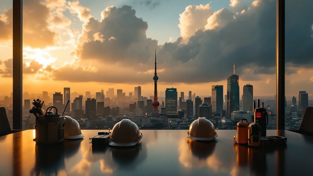 Emergency preparedness supplies on a Tokyo boardroom table with city skyline visible through windows at golden hour