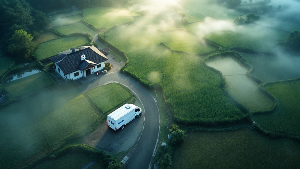 Aerial view of a rural Japanese village with a small clinic and a mobile health van parked near rice fields in morning mist