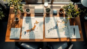 Overhead view of a Tokyo office desk showing two strategic paths for innovation scouting in Japan