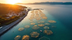 Aerial view of a modern aquaculture facility on the Japanese coast at golden hour