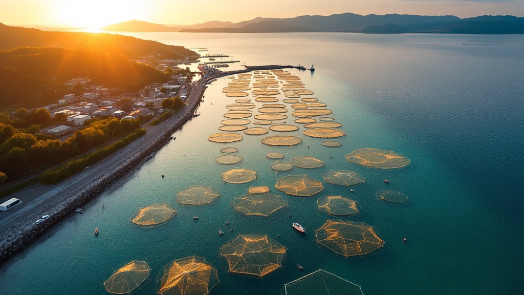 Aerial view of a modern aquaculture facility on the Japanese coast at golden hour