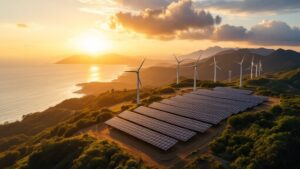 Aerial view of solar panels and wind turbines along a Japanese coastline at golden hour