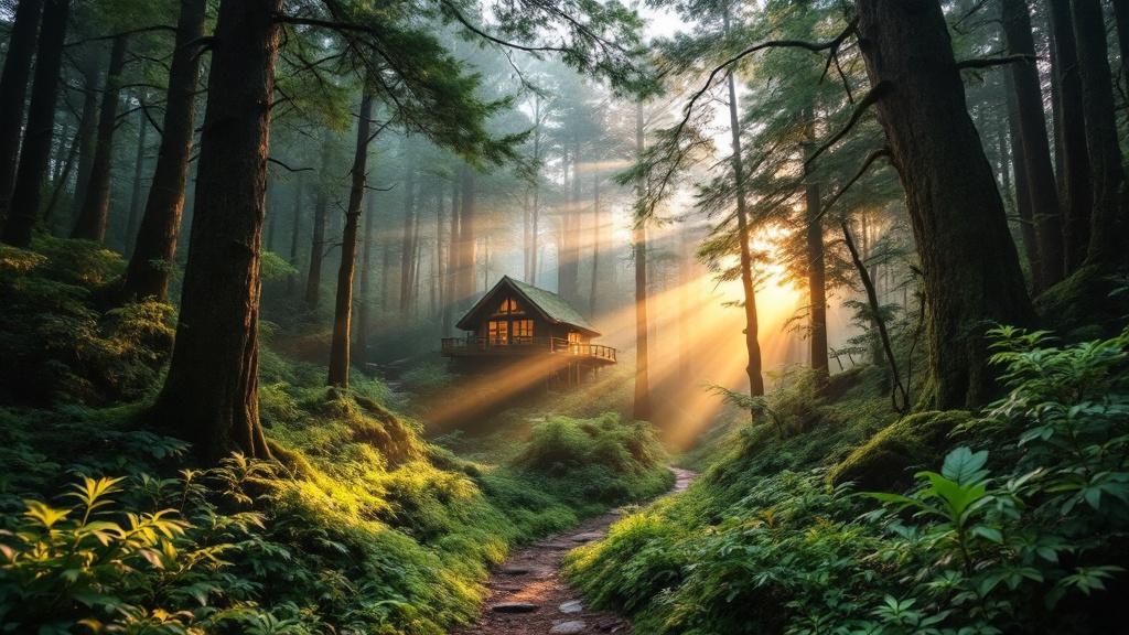 Misty morning light filtering through ancient cedar forest in Yakushima with a wooden eco-lodge nestled among the trees