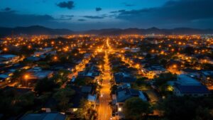 Aerial view of a modern Japanese residential smart city district at twilight with solar panels and LED lighting
