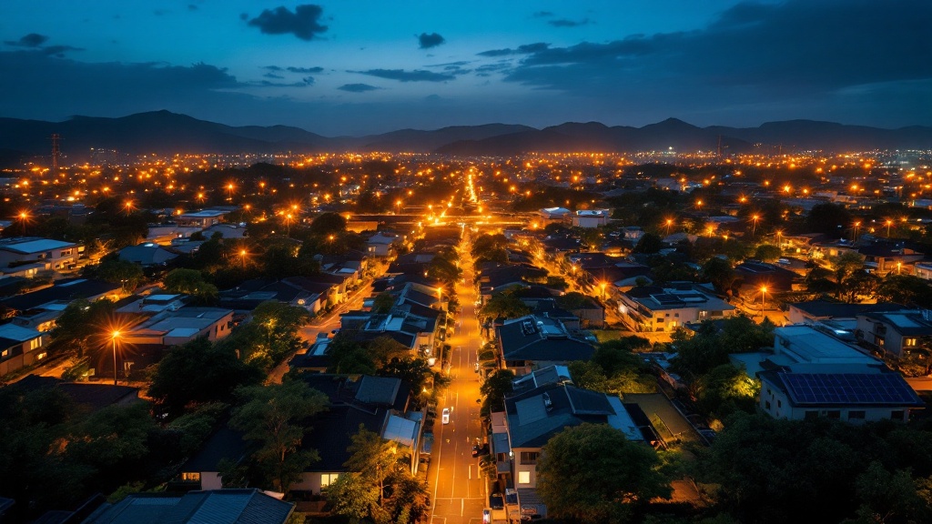 Aerial view of a modern Japanese residential smart city district at twilight with solar panels and LED lighting