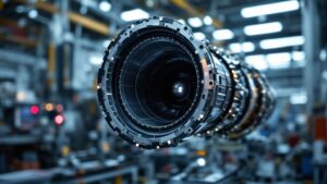 Close-up of a rocket engine nozzle assembly in a Japanese aerospace clean room with precision metallic components