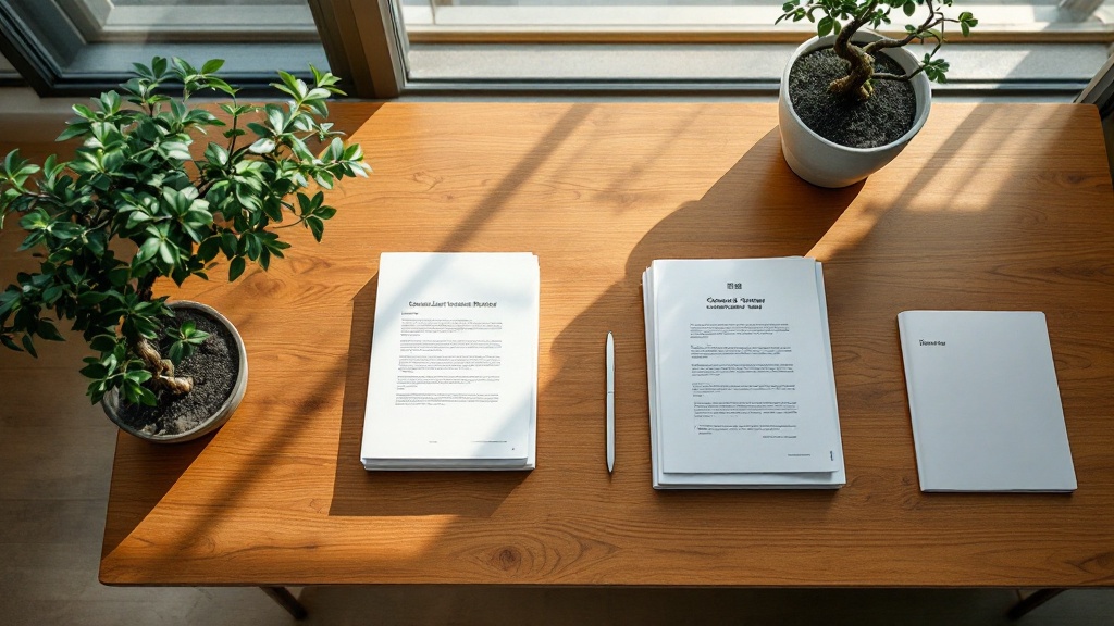 Overhead view of a Japanese wooden desk with two stacks of business documents beside a bonsai tree in warm natural light